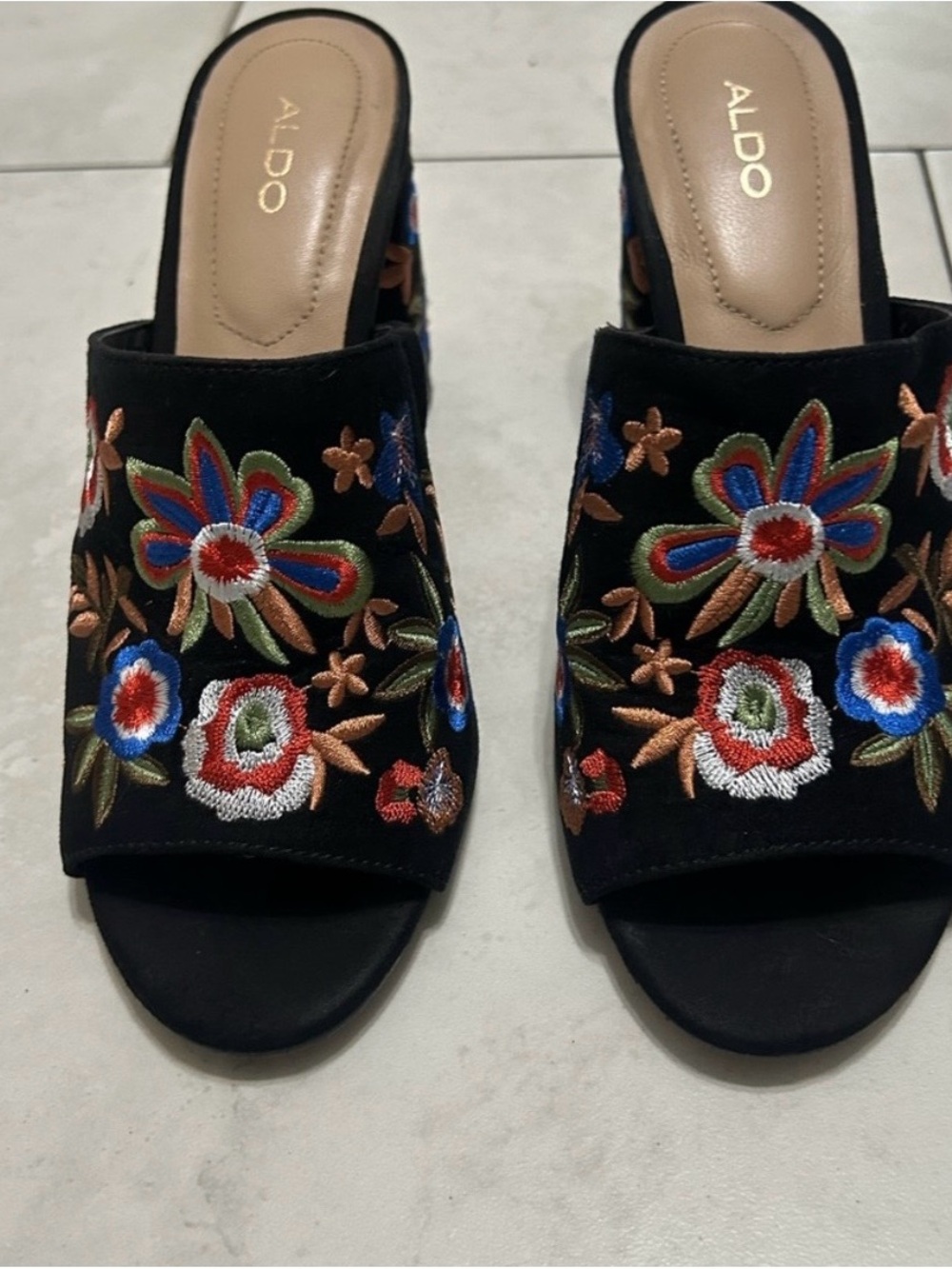 Aldo Black Embroidered Floral Open-Toe Mules
